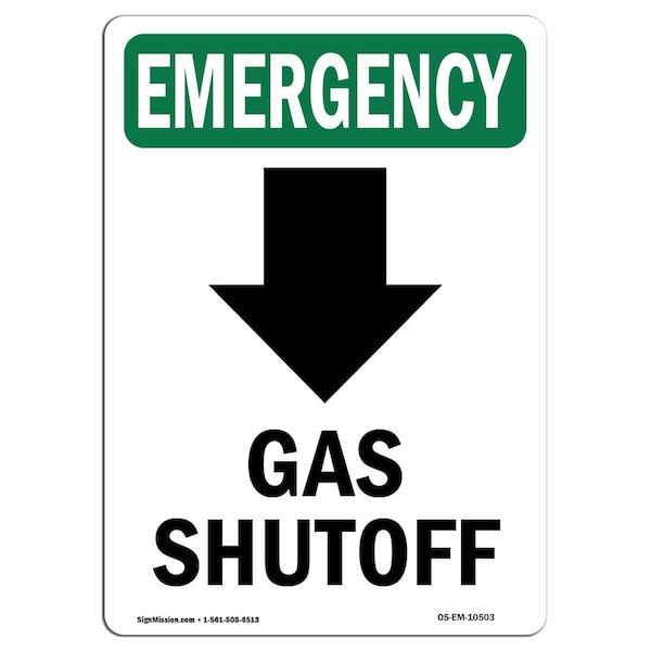 Safety Sign, OSHA EMERGENCY, 5" Height, Gas Shutoff (Down Arrow), Portrait, 10PK